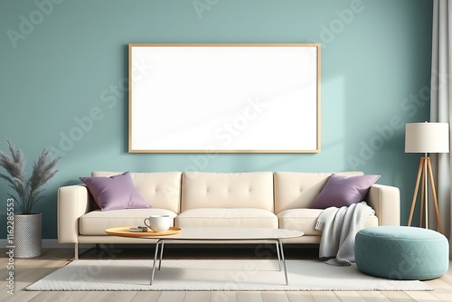 Serene Living Room Mockup: A stylish off-white sofa with purple pillows, a wooden coffee table, and a large, blank frame against a calming teal wall. Perfect for showcasing your artwork or design.  photo