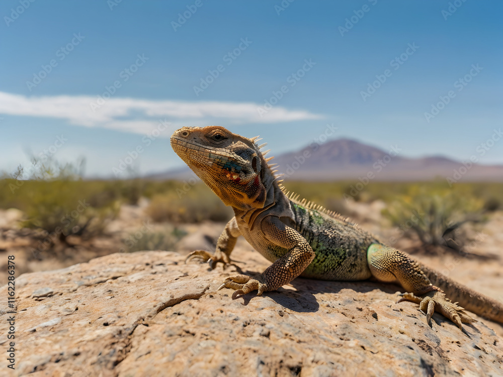 Fototapeta premium Sunbathing Lizards on Desert Rocks: A vibrant desert lizard basking on a sunlit rock, surrounded by dry, cracked soil and sparse desert vegetation under the summer sky.