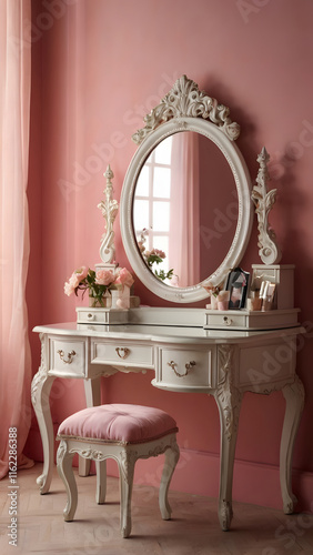 A close up of a vanity with a mirror and a stool