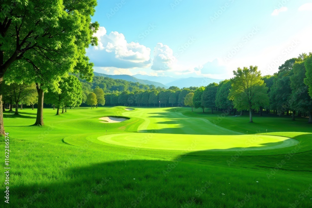 Obraz premium Lush green golf course fairway, vibrant texture, grass, golf