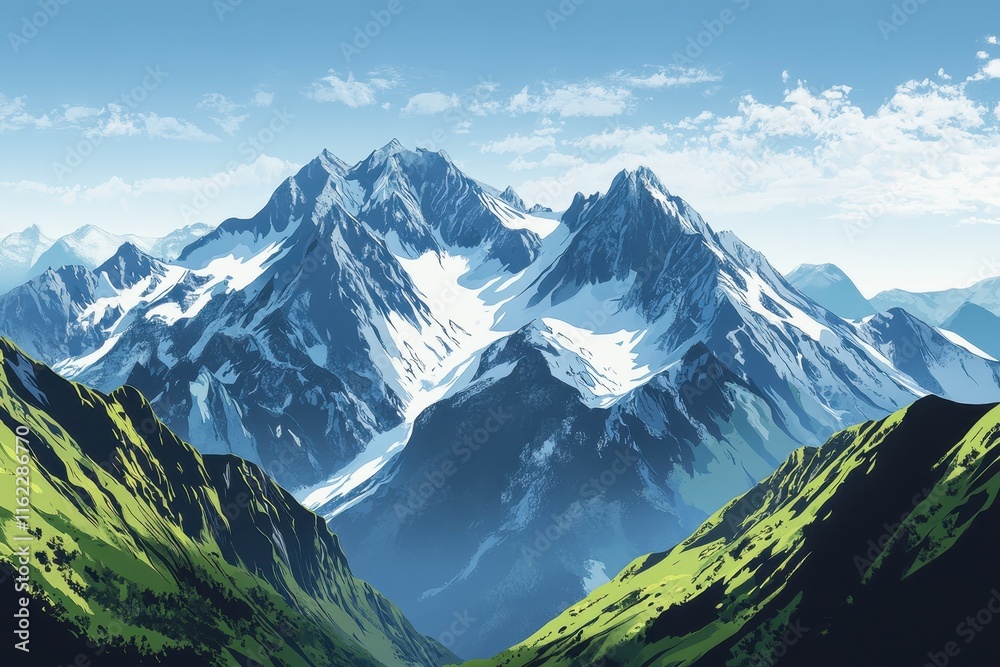 Fototapeta premium Snowy Mountain Range with Green Slopes and Blue Sky