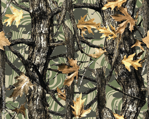 Realistic hunting camouflage seamless pattern design. Vector hunting camo texture. Forest barks, stems, leaves camouflage background. Duck and deer hunting