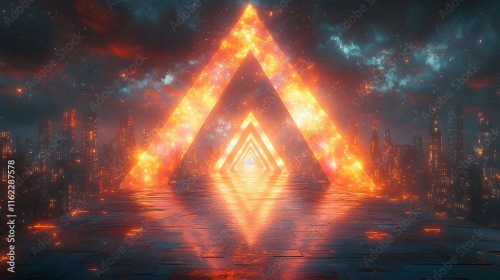 Fototapeta premium Mesmerizing Crystalline Kaleidoscope:Hypnotic Futuristic Cityscape in Glitch Art Technique
