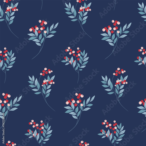 Seamless botanical pattern with hand drawn winter plants on blue background. Elegant floral design of large branches with small wild berries, rowan twigs in repeat composition. Vector illustration.