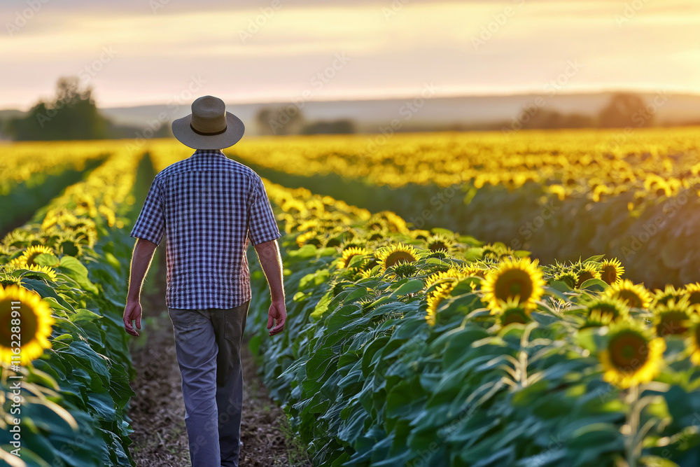 Fototapeta premium Back view of a farmer walking through a sunflower field, touching the flowers as he walks, golden sunlight creating a dreamy atmosphere.