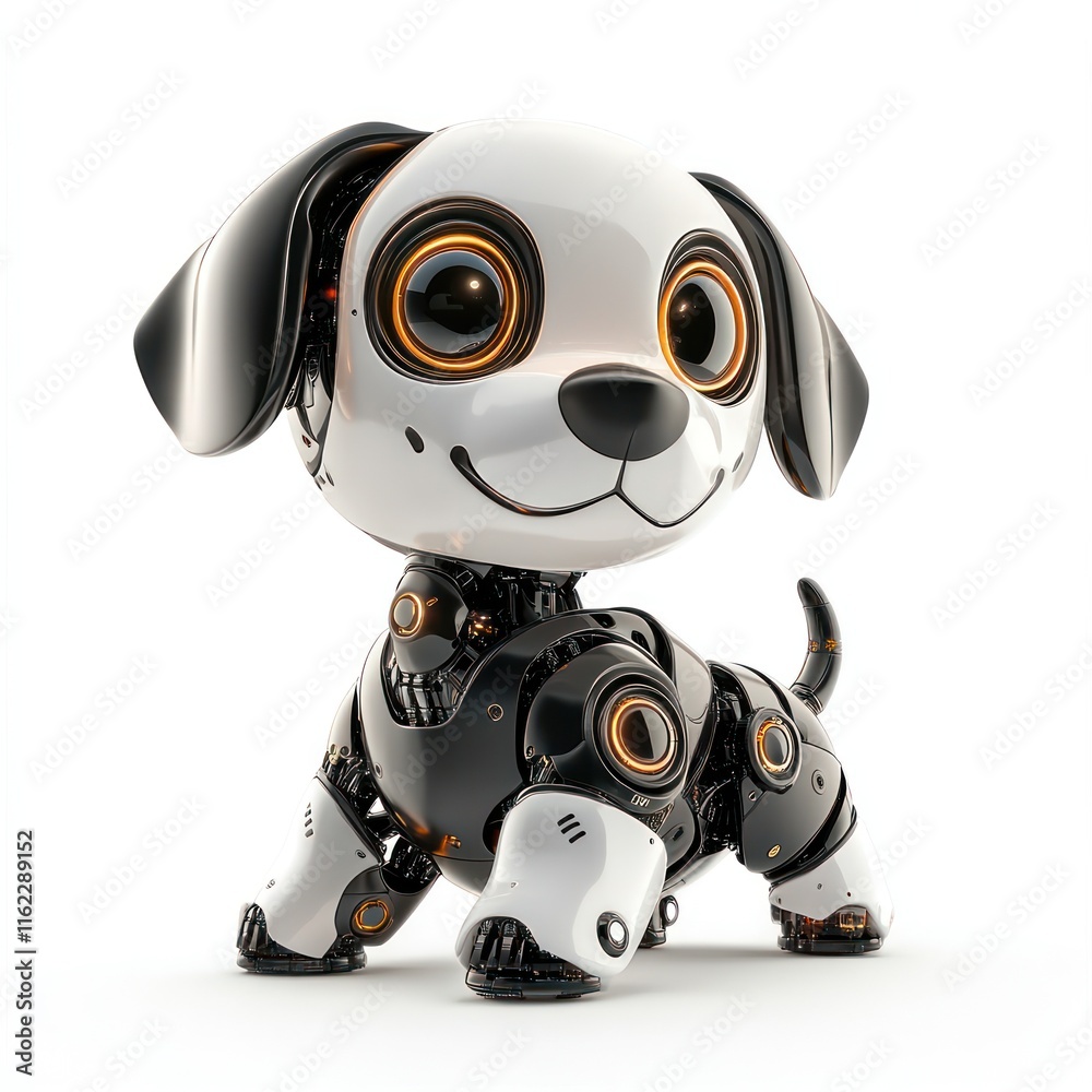 Cute robotic puppy wagging its tail. vector style art 3d illustration Isolated on White Background Cute robotic puppy wagging its tail. vector style art 3d illustration Isolated on White Background
