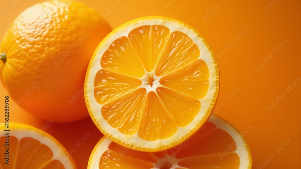 Fototapeta premium Freshly sliced oranges on a vibrant orange background showcasing their juicy appeal