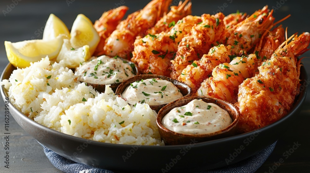 Gourmet seafood platter featuring garlic aioli and tartar sauce with fresh lemon Gourmet seafood platter featuring garlic aioli and tartar sauce with fresh lemon