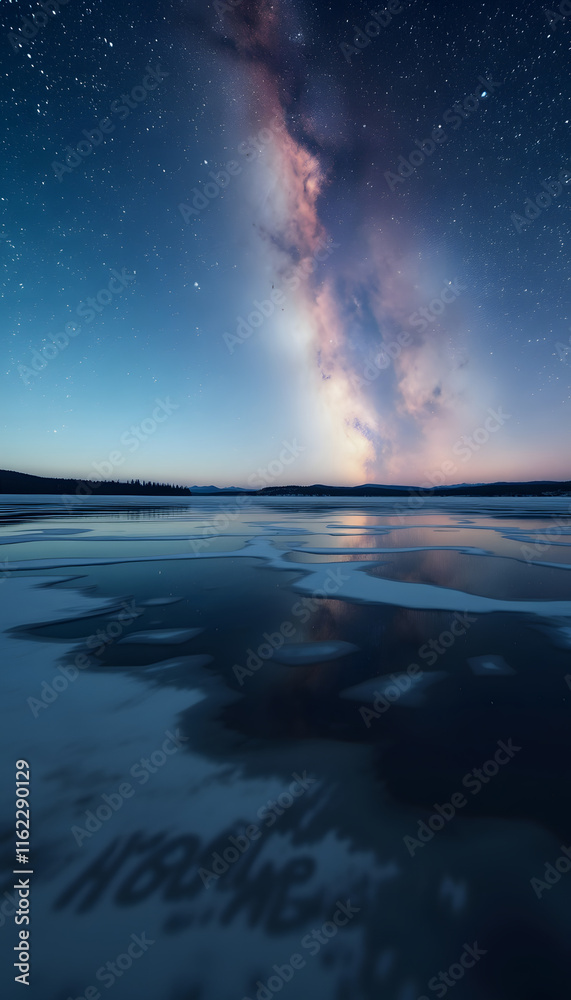 Fototapeta premium Dark Matter Skies Reflecting on a Frozen Lake, studio photography, with white tones