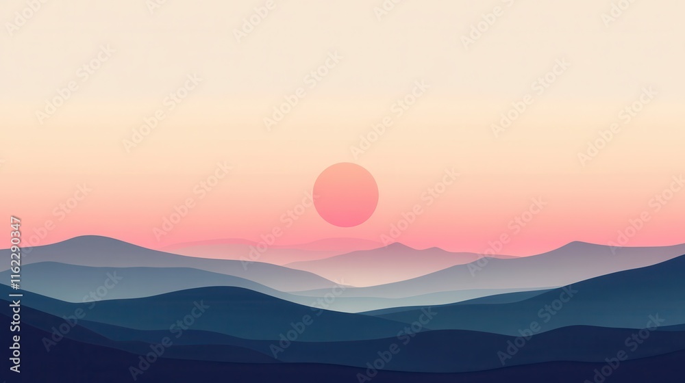 Silhouetted Mountain Range with a Pink Sun Silhouetted Mountain Range with a Pink Sun
