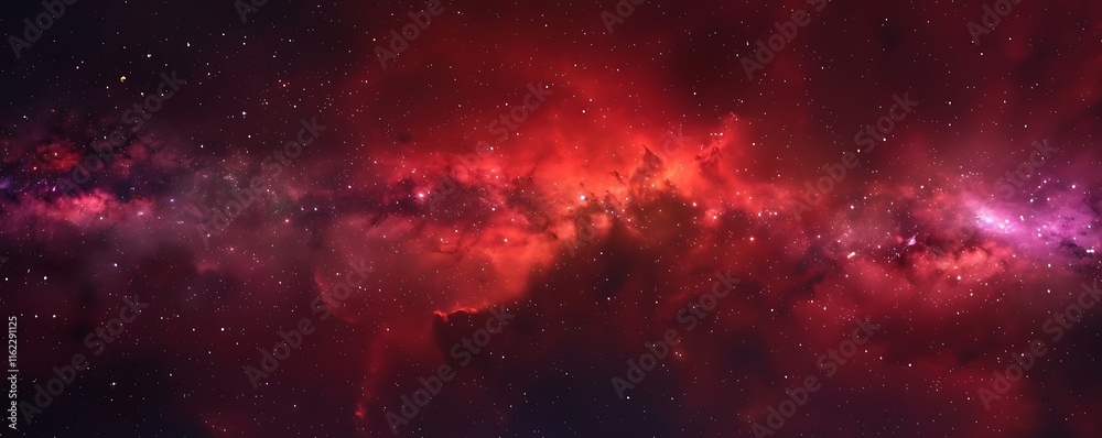 Naklejka premium Stunning red and purple nebula, stars in the background, dark fantasy banner design.