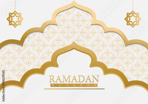 Ramadan Mubarak greeting card featuring a gold pattern. Minimalist decorative Islamic patterns, and a clean, elegant white and gold theme. Perfect for invitations, marketing materials, and celebration