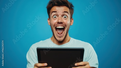 The Excited Guy Holding Tablet