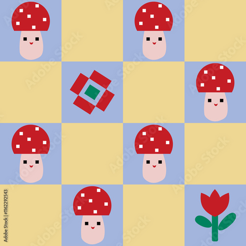 Mushrooms with checker and flowers motif minimal geometric graphic for backgrounds textile.