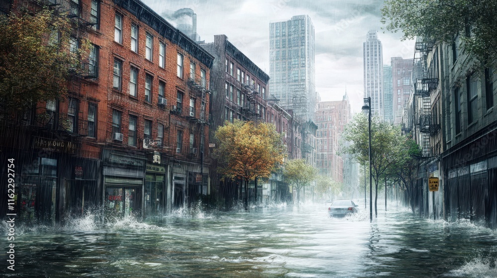 Fototapeta premium Residents Navigate Flooded City Streets Amidst Stormy Weather