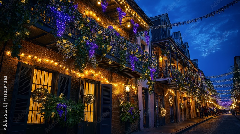 Fototapeta premium A vibrant street scene in the French Quarter during Mardi Gras, featuring festive decorations, warm lighting, and colorful beads adorning buildings