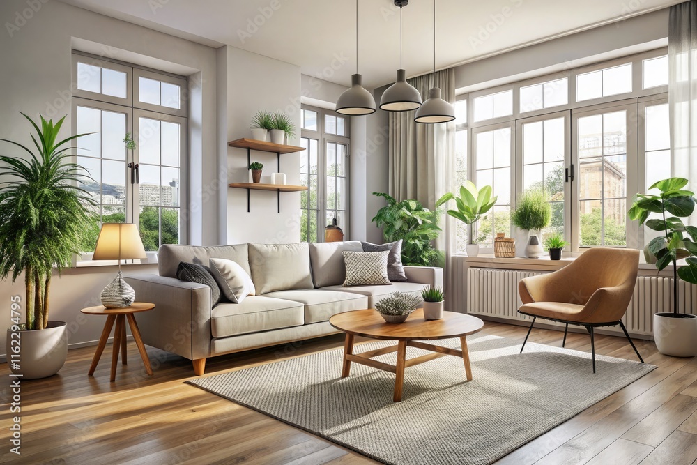 Fototapeta premium Modern apartment photography showcasing stylish decor and cozy furniture, ideal for new home staging.