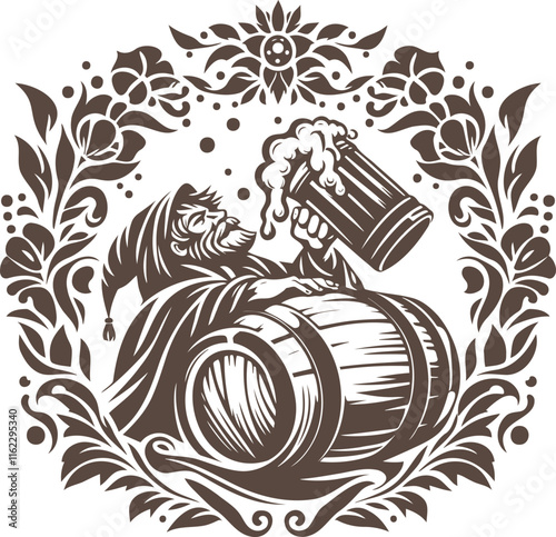 Joyful Brewer with a Mug of Beer Leaning on a Barrel in Vintage Style