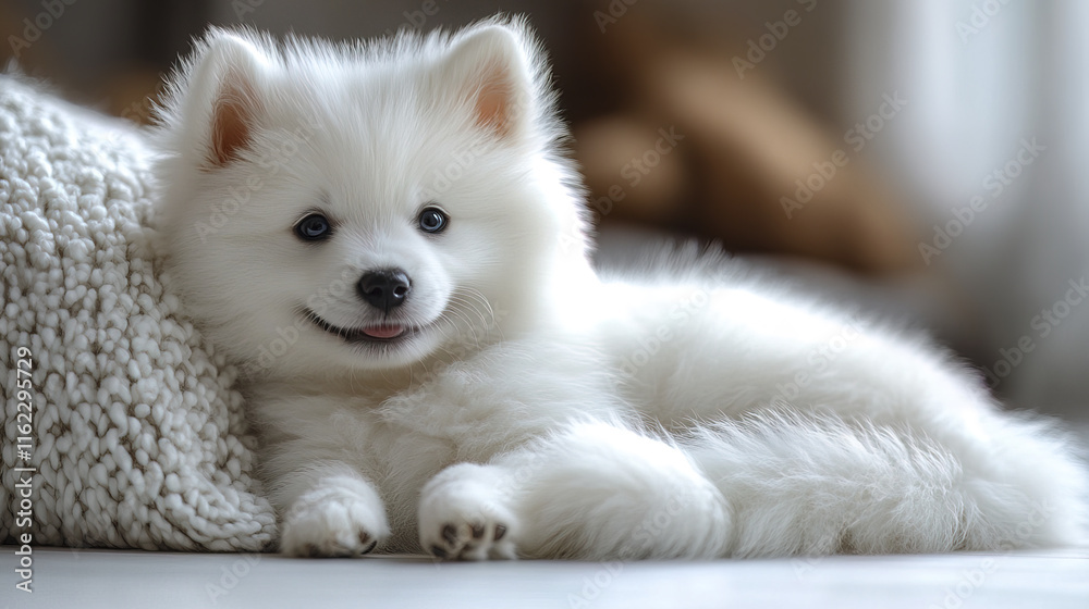 small fluffy Samoyed puppy resting on cozy blanket, looking playful small fluffy Samoyed puppy resting on cozy blanket, looking playful