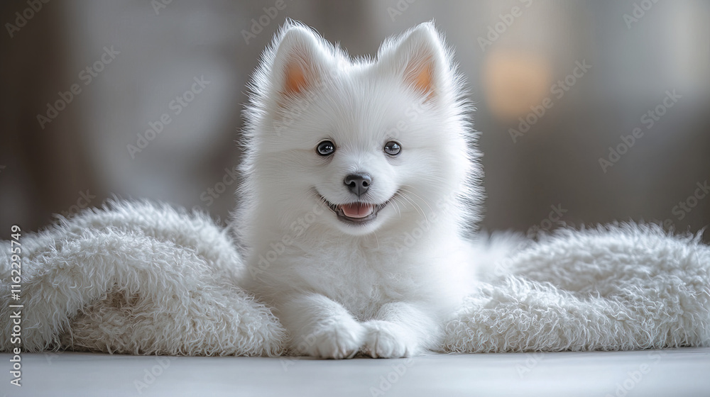 small fluffy Samoyed puppy sitting on soft white blanket, looking happy small fluffy Samoyed puppy sitting on soft white blanket, looking happy