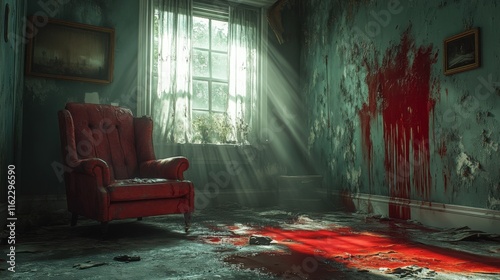 Abstract murder scene with haunting style and interpretative visuals, dark and dramatic art