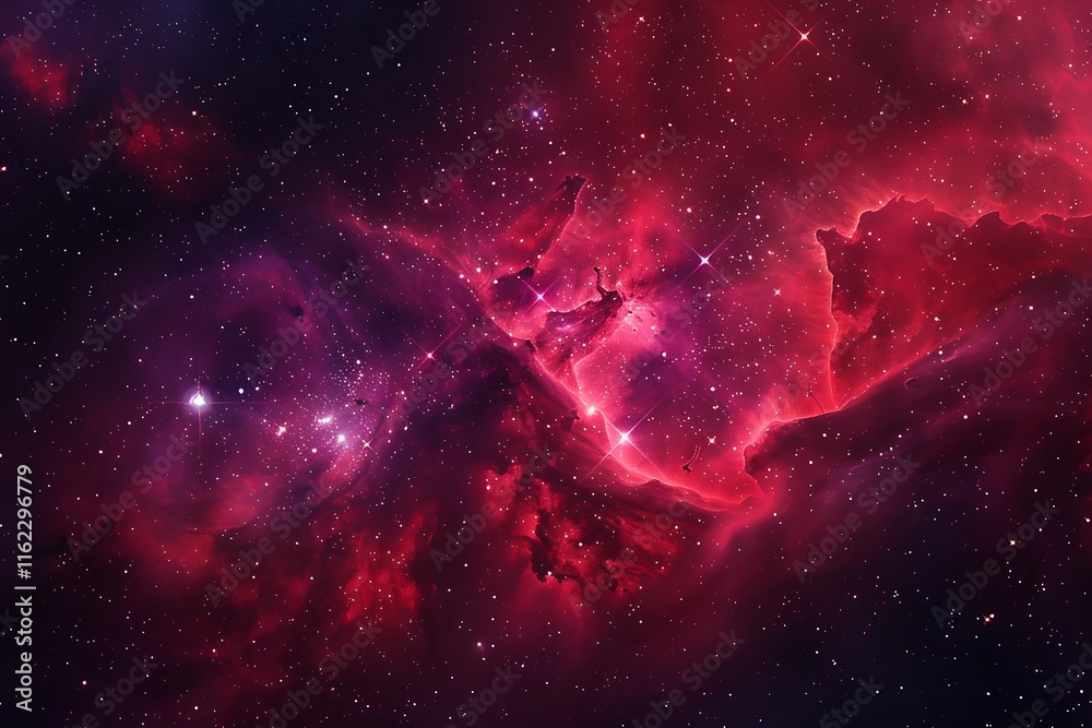 Fototapeta premium Vibrant red and purple nebula cloud, stars in space, dark fantasy background for banner.