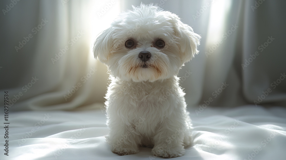 tiny Bichon Frise sitting upright on soft white surface, looking adorable tiny Bichon Frise sitting upright on soft white surface, looking adorable