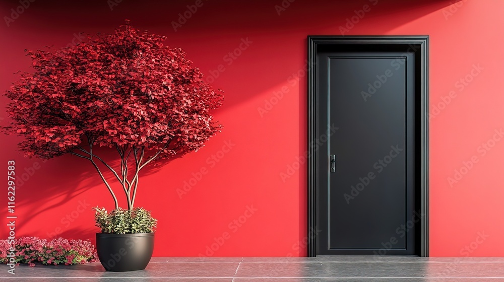 Fototapeta premium Striking contrast of vibrant red wall with black door
