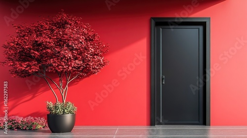 Striking contrast of vibrant red wall with black door photo