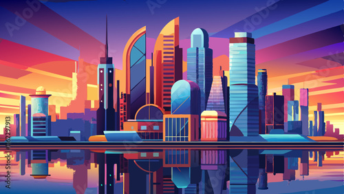 Illustrate a modern city skyline at sunset with skyscrapers and reflections in water