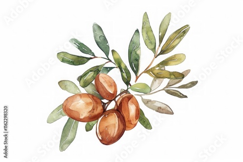 Jojoba. Ayurveda. Delicate watercolor illustration of jojoba fruits and leaves, showcasing the natural beauty of botanical art and organic essence.