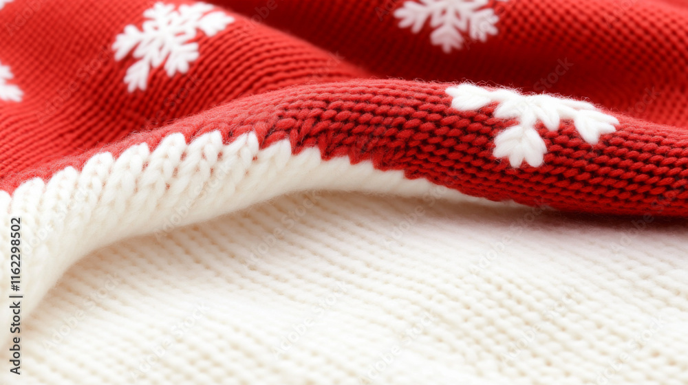 Cozy red and white knitted blanket with snowflake patterns up close Cozy red and white knitted blanket with snowflake patterns up close
