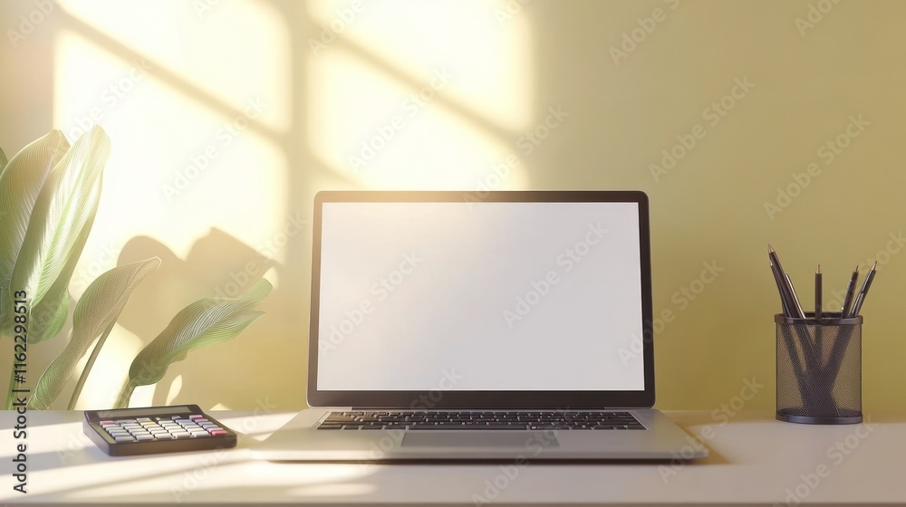 Laptop on Desk with Sunlight and Plant Laptop on Desk with Sunlight and Plant