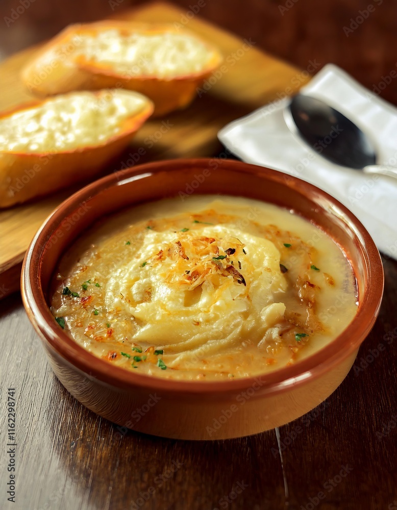 French onion soup with melted cheese and toasted bread French onion soup with melted cheese and toasted bread