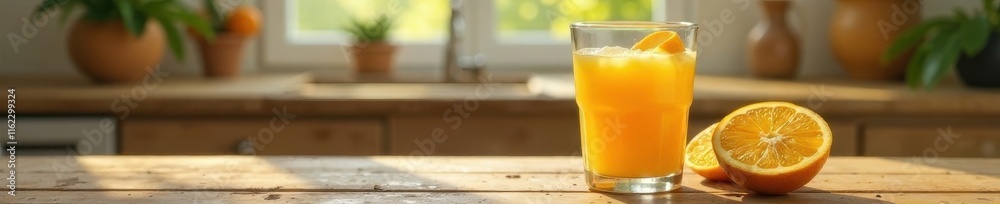 Glass of orange juice on kitchen table with a few slices of orange inside , food, juice Glass of orange juice on kitchen table with a few slices of orange inside , food, juice