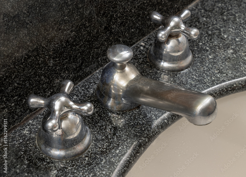 Detail of shining chrome faucet tap on a bathroom sink. Close-up of Vintage water tap mixer cold hot water in Bathroom, use it as your Wallpaper, Poster and Copy space, Selective focus.