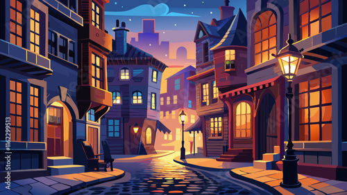 Design a vintage cityscape featuring cobblestone streets and lampposts glowing at night