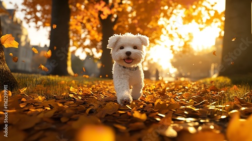 Happy Bichon Frise Dog Walking in Autumn Park, 8K Realistic

