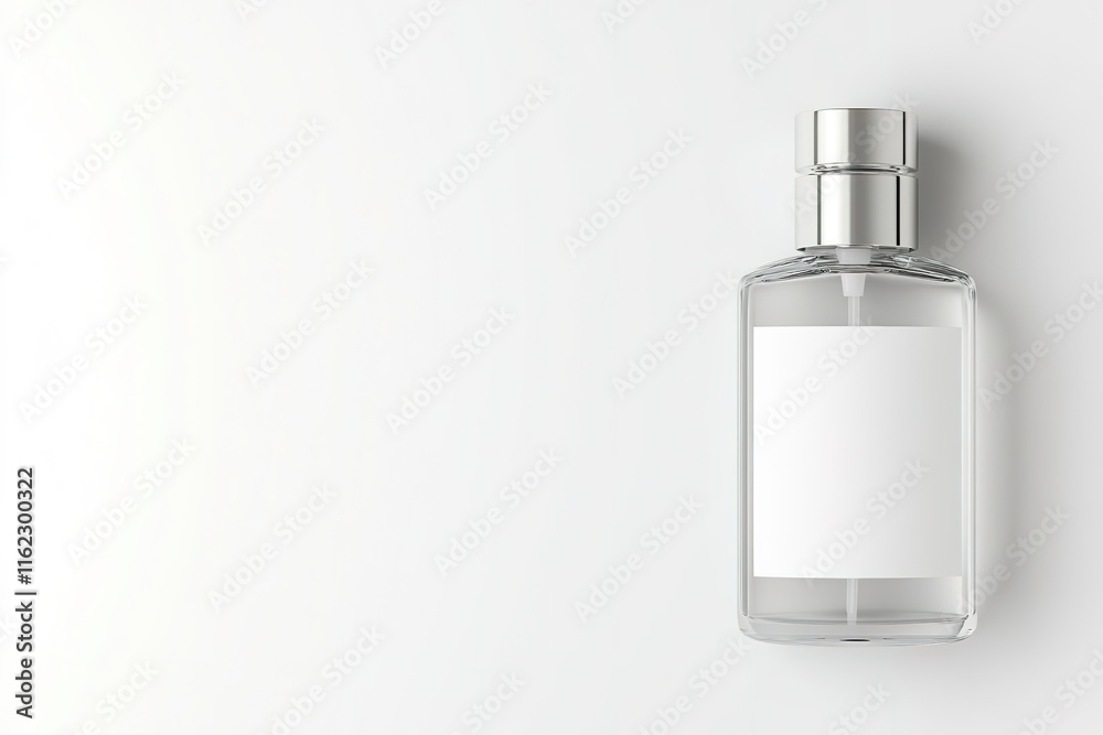top-down view of minimalist perfume atomizer with blank white label resting gracefully on plain white backdrop top-down view of minimalist perfume atomizer with blank white label resting gracefully on plain white backdrop