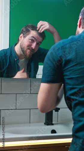 Vertical video. A man stands in front of a bathroom mirror, looking worriedly at his hair, checking for signs of hair loss.	
