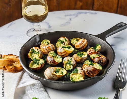 Escargots de bourgogne cooked with garlic butter, parsley and served in cast iron pan