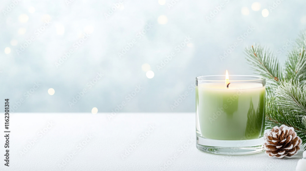 Green candle surrounded by pine and festive decor in a cozy setting Green candle surrounded by pine and festive decor in a cozy setting