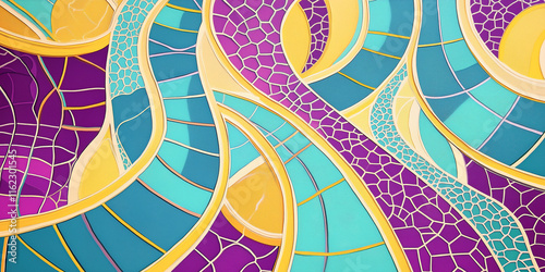Abstract wide geometric banner, catenary curves, hyperbolic functions, and elliptical arcs interwoven with angular lines and hexagonal patterns on smooth light suede in electric teal, bright yellow