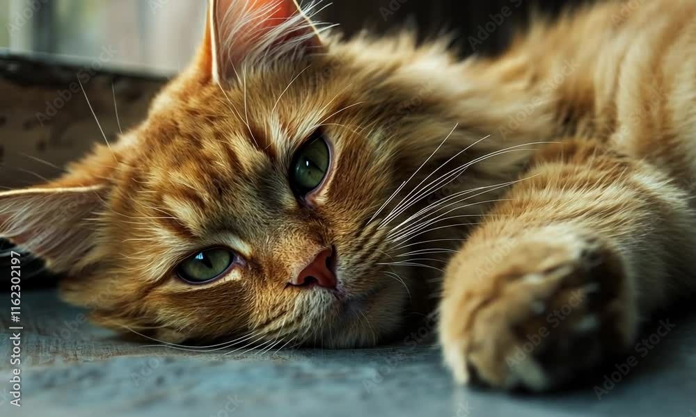 Soft and Relaxed Ginger Cat with Striking Green Eyes Lying Comfortably Near Window, Capturing the Essence of Feline Serenity and Tranquility at Home Soft and Relaxed Ginger Cat with Striking Green Eyes Lying Comfortably Near Window, Capturing the Essence of Feline Serenity and Tranquility at Home