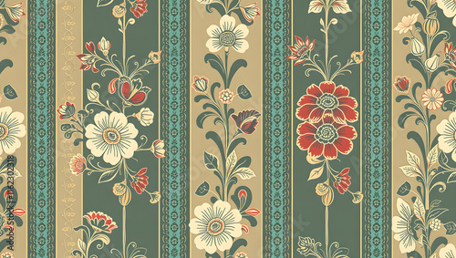 Trendy stylish Vertical Striped floral pattern with paisley and indian flower motifs. damask modern style pattern , Design for fashion , fabric, textile, wallpaper , wrapping and all prints