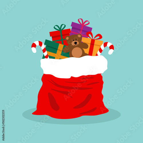 Illustration of a bag of gifts on a blue background.