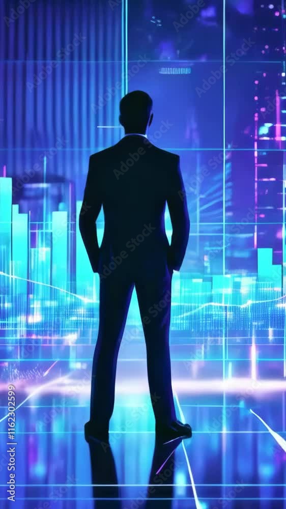 Silhouette of a Businessman in Front of Digital Stock Market Trading Graphs showcasing Data and Trends new beautiful stock video footage animation AI Silhouette of a Businessman in Front of Digital Stock Market Trading Graphs showcasing Data and Trends new beautiful stock video footage animation AI