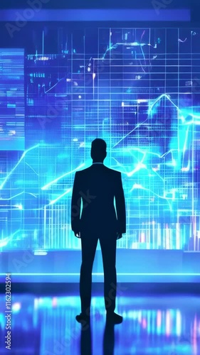 Silhouette of a Businessman in Front of Digital Stock Market Trading Graphs showcasing Data and Trends new beautiful stock video footage animation AI