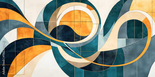 Abstract wide geometric banner featuring spiral arcs, sine and catenary curves, and triangular prisms on light suede, with deep teal, orange, and soft gold for modern design themes