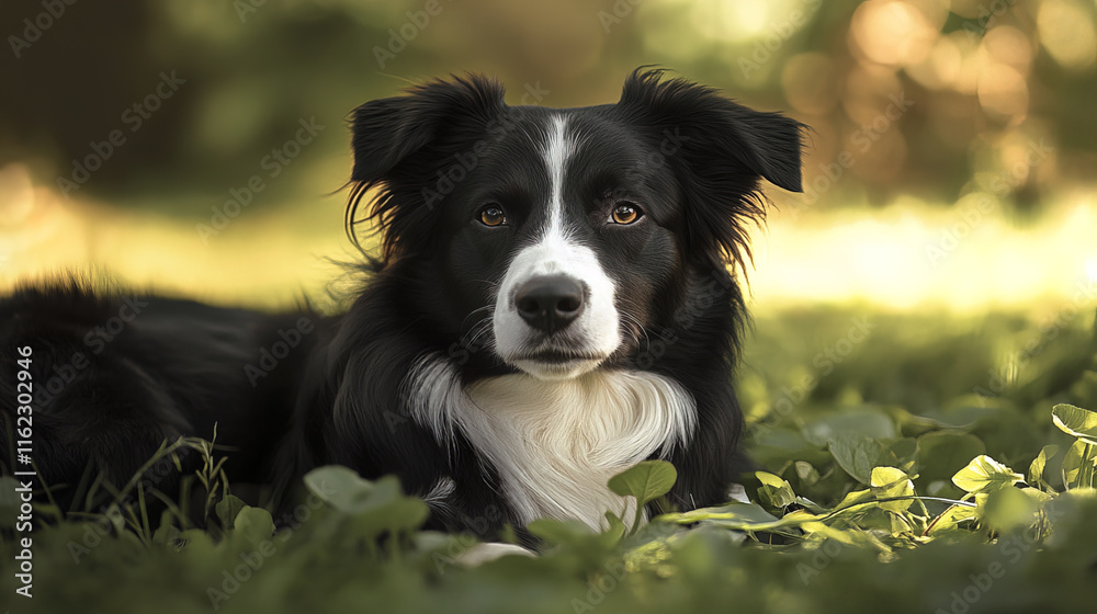 calm black and white dog resting on green grass, enjoying nature calm black and white dog resting on green grass, enjoying nature